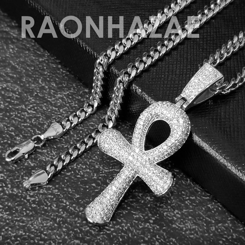Hip Hop Blinged Out Ankh Cross Pendant w/ 5mm Miami Cuban Chain