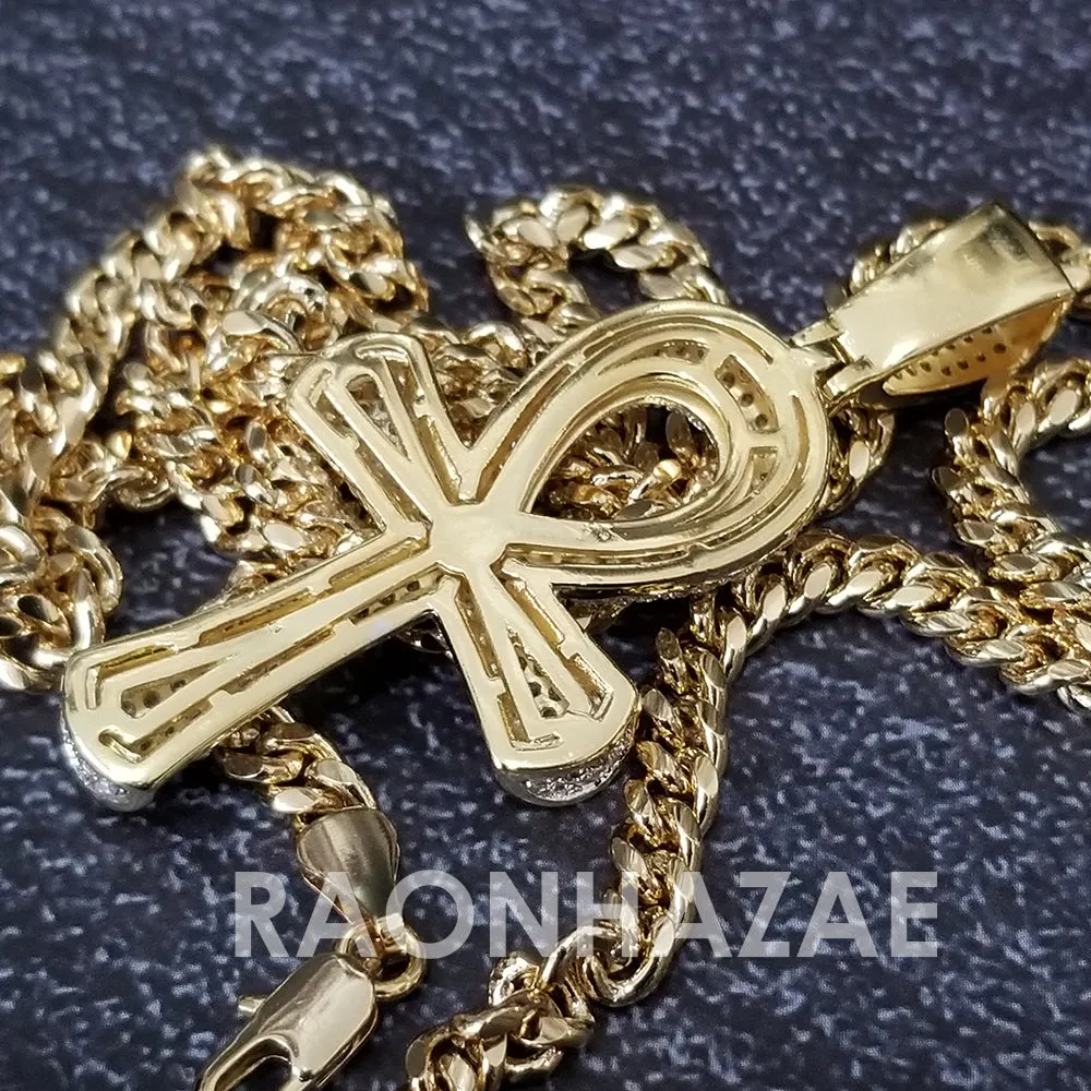 Hip Hop Blinged Out Ankh Cross Pendant w/ 5mm Miami Cuban Chain