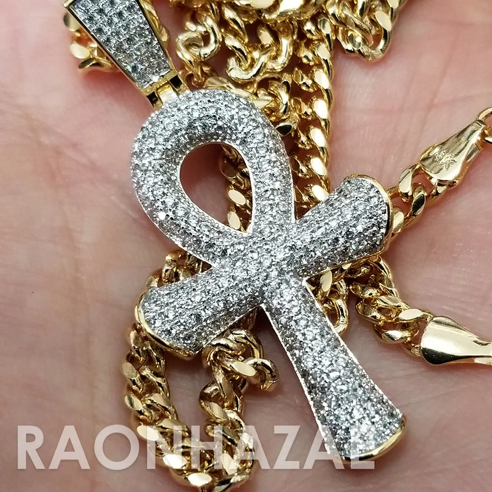 Hip Hop Blinged Out Ankh Cross Pendant w/ 5mm Miami Cuban Chain