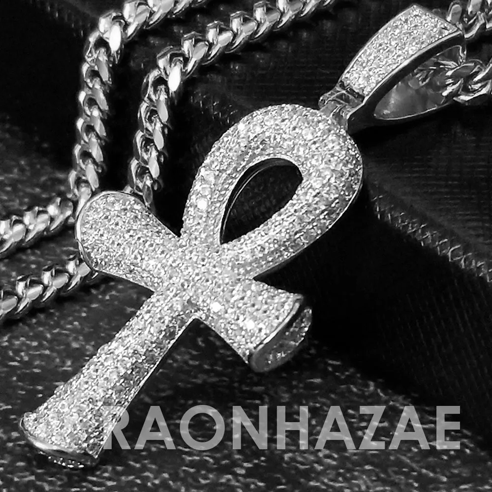Hip Hop Blinged Out Ankh Cross Pendant w/ 5mm Miami Cuban Chain