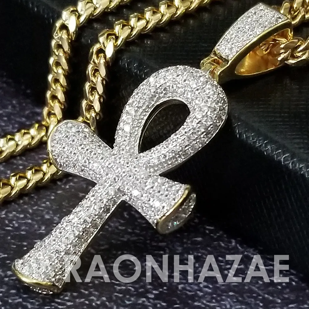 Hip Hop Blinged Out Ankh Cross Pendant w/ 5mm Miami Cuban Chain