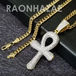 Hip Hop Blinged Out Ankh Cross Pendant w/ 5mm Miami Cuban Chain