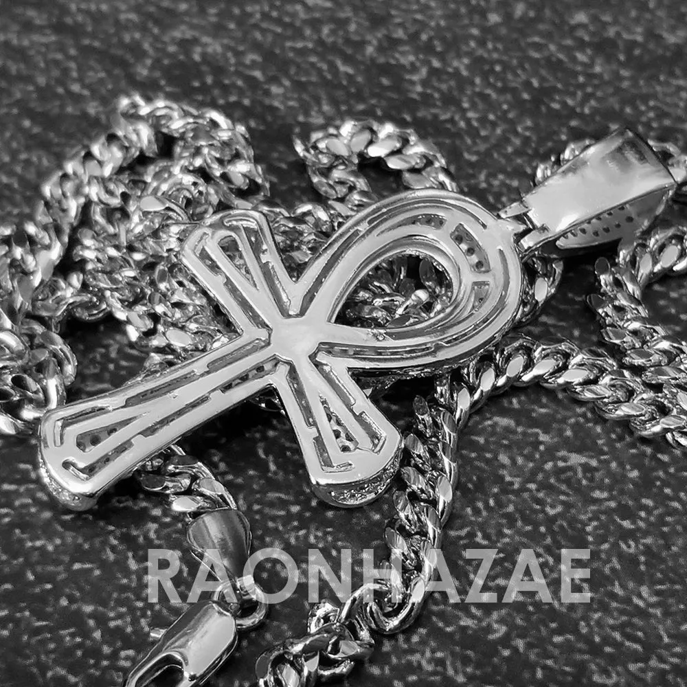 Hip Hop Blinged Out Ankh Cross Pendant w/ 5mm Miami Cuban Chain