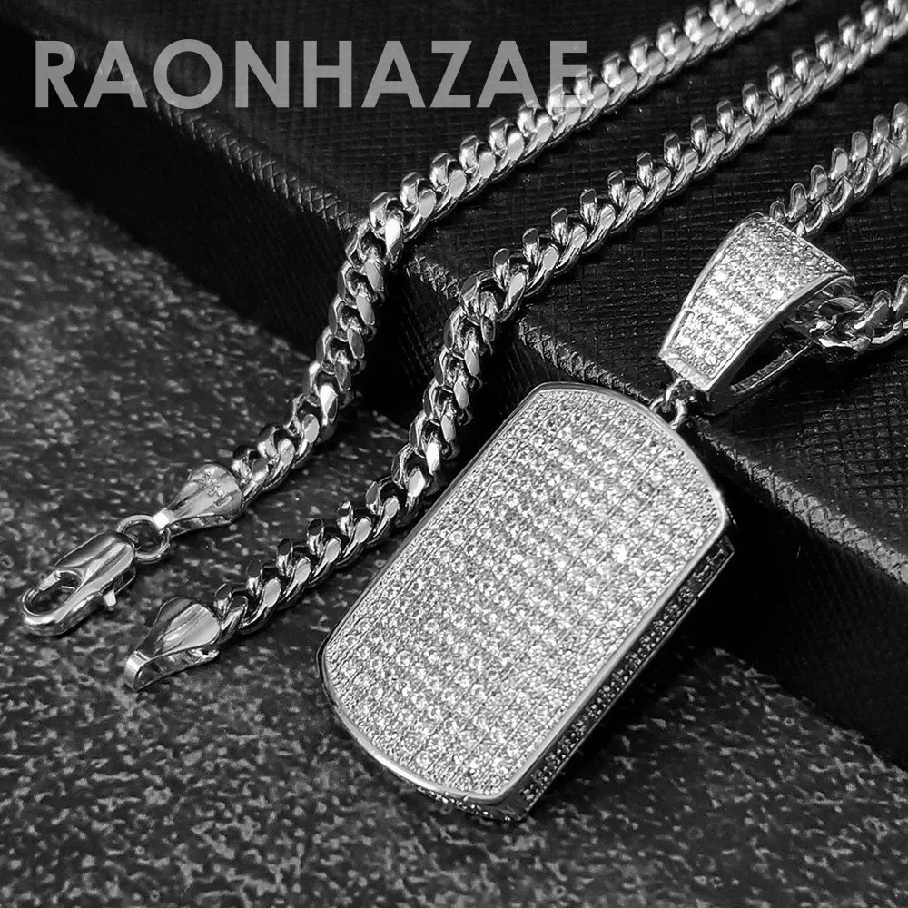 Hip Hop Blinged Out Dog Tag Pendant w/ 5mm Miami Cuban Chain