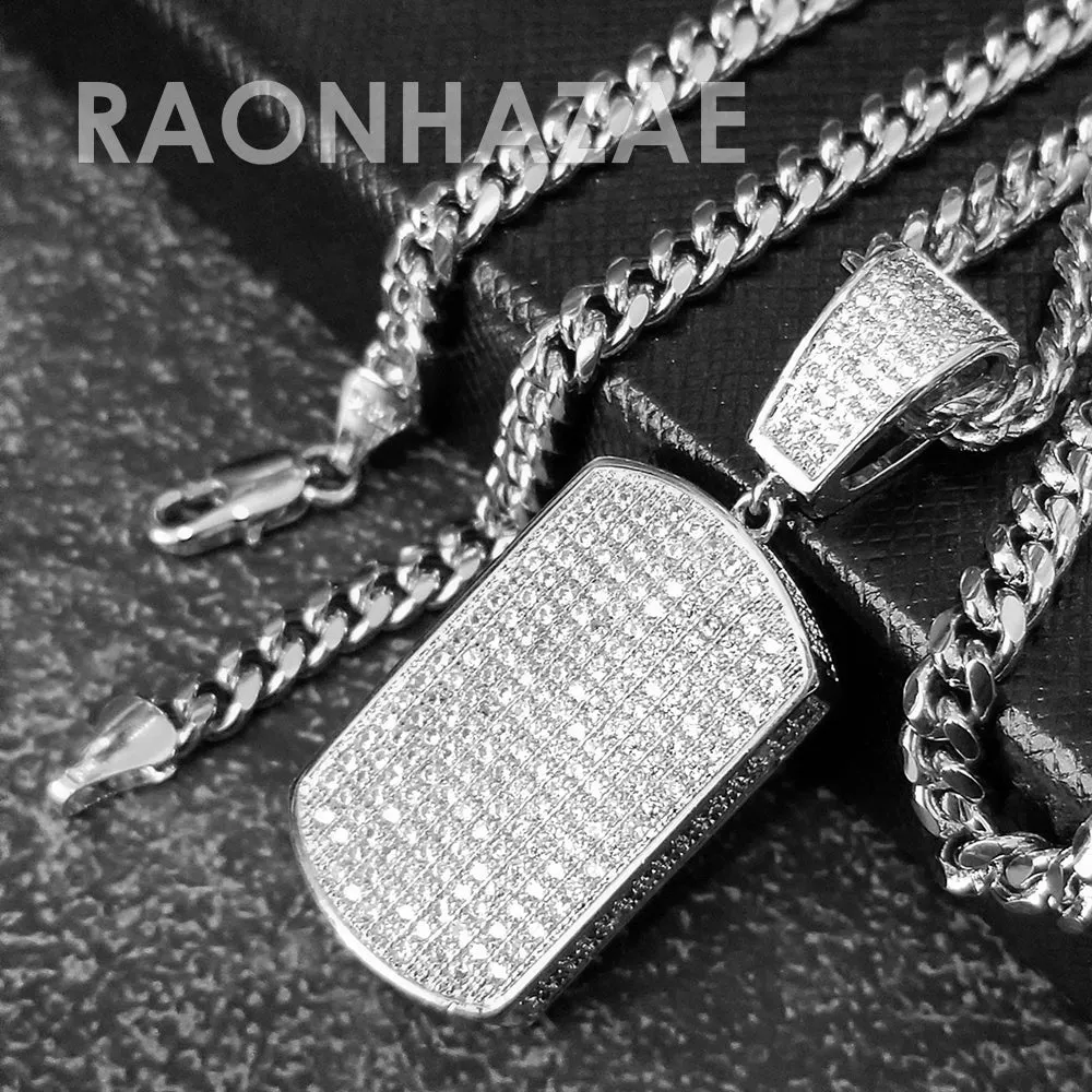 Hip Hop Blinged Out Dog Tag Pendant w/ 5mm Miami Cuban Chain