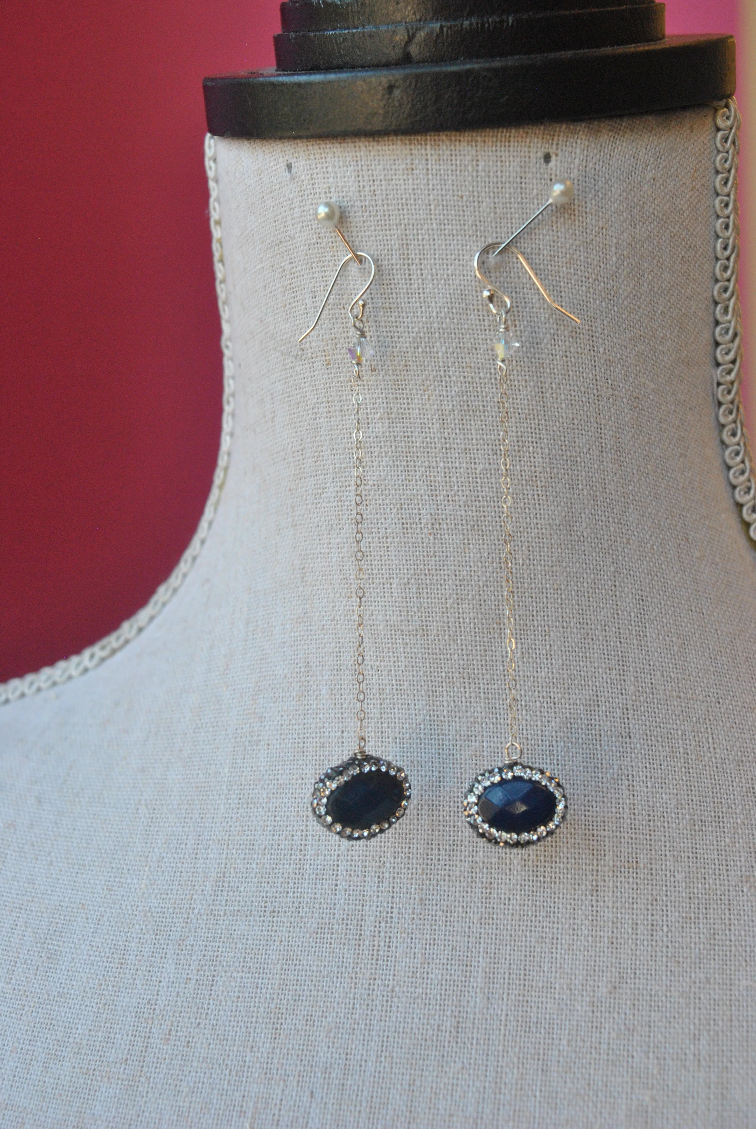 LAPIS AND SWAROVSKI CRYSTALS SILVER CHAIN LONG EARRINGS