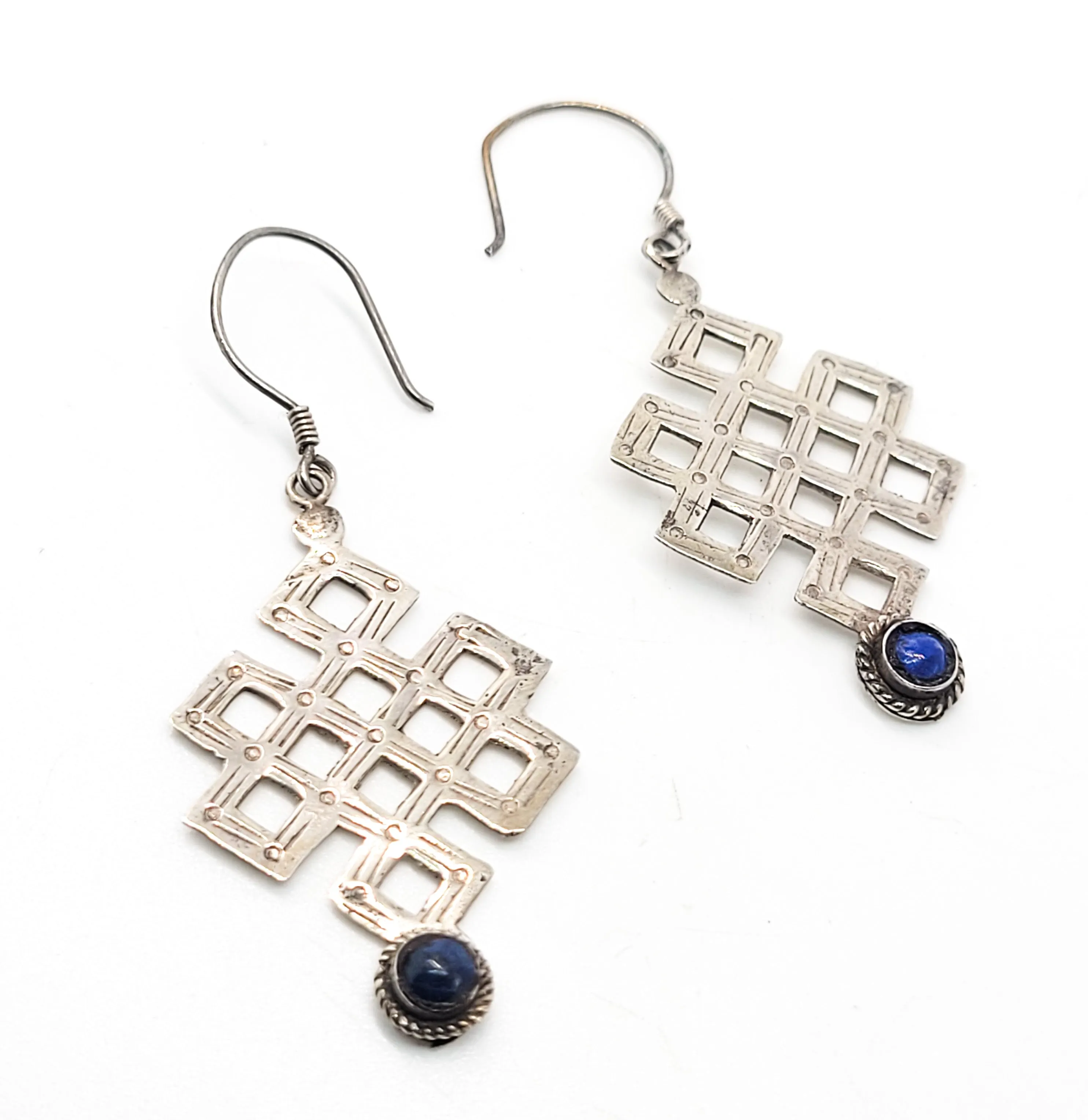 Lapis Lazuli blue gemstone tribal balinese vintage sterling silver drop earrings 925