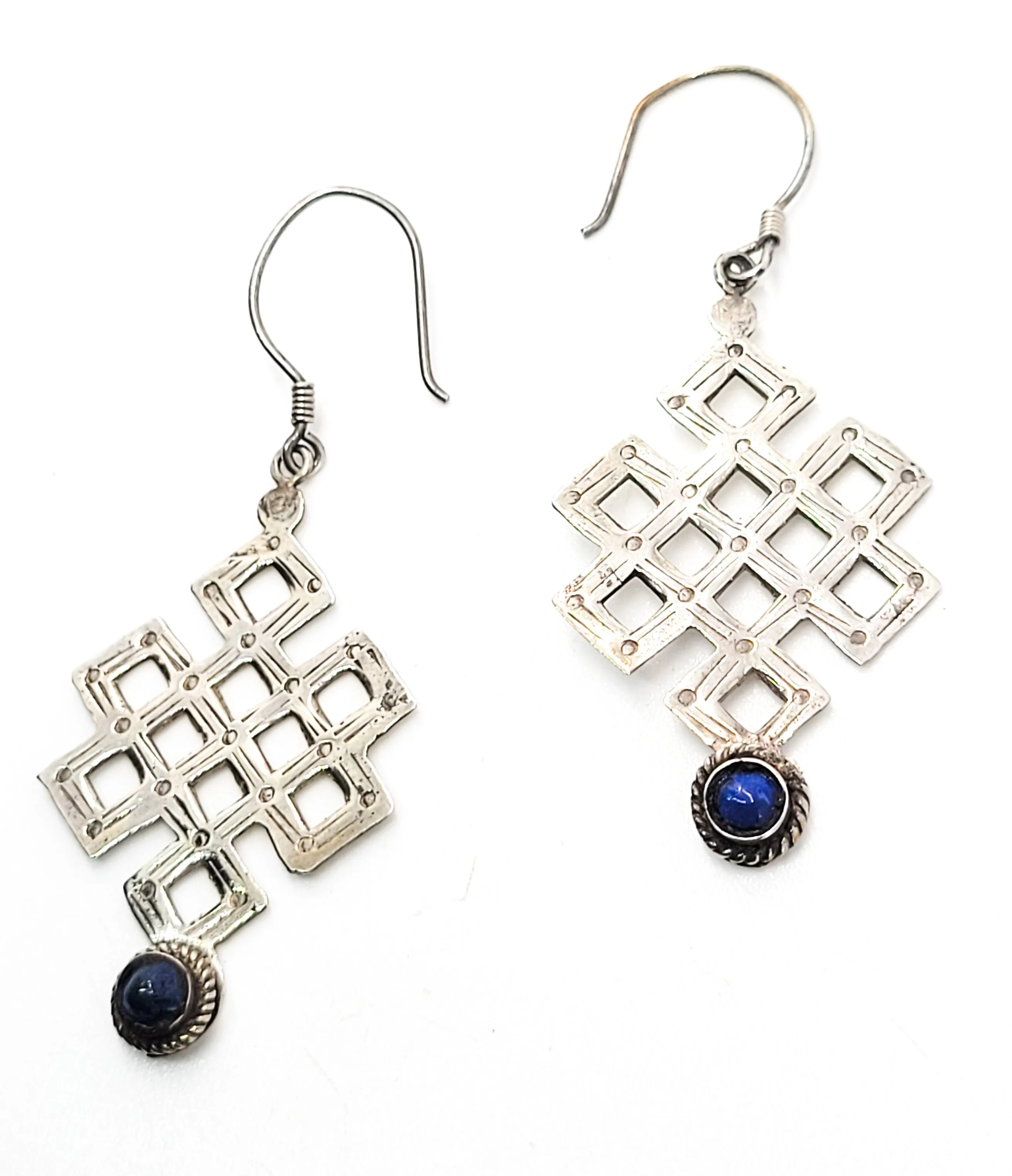 Lapis Lazuli blue gemstone tribal balinese vintage sterling silver drop earrings 925
