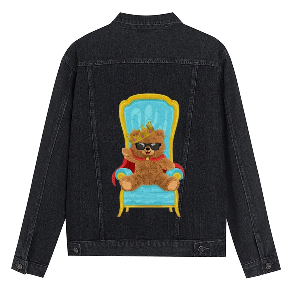 Mens Vintage Cartoon Cute king Bear Prints Denim Jacket