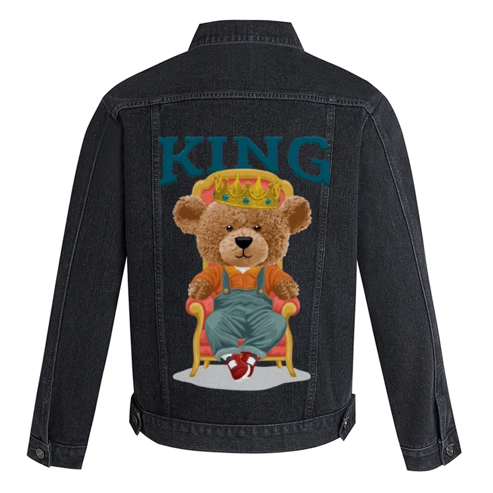 Mens Vintage Cartoon Cute King Bear Prints Denim Jacket