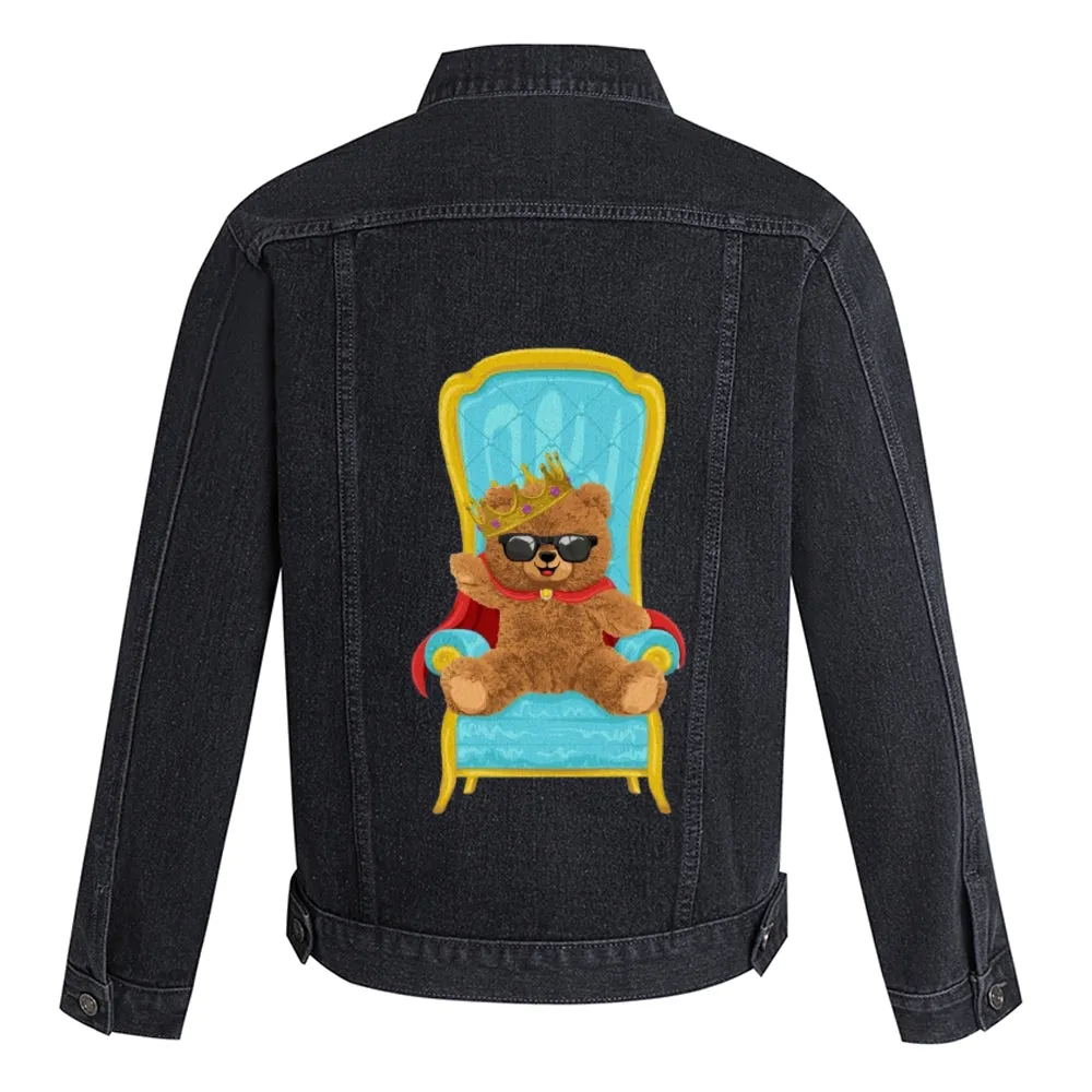 Mens Vintage Cartoon Cute king Bear Prints Denim Jacket