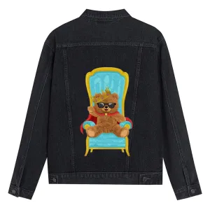 Mens Vintage Cartoon Cute king Bear Prints Denim Jacket