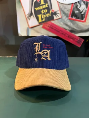 New "To Live and Die in LA"Corduroy Snap Back Cap in Navy/Beige