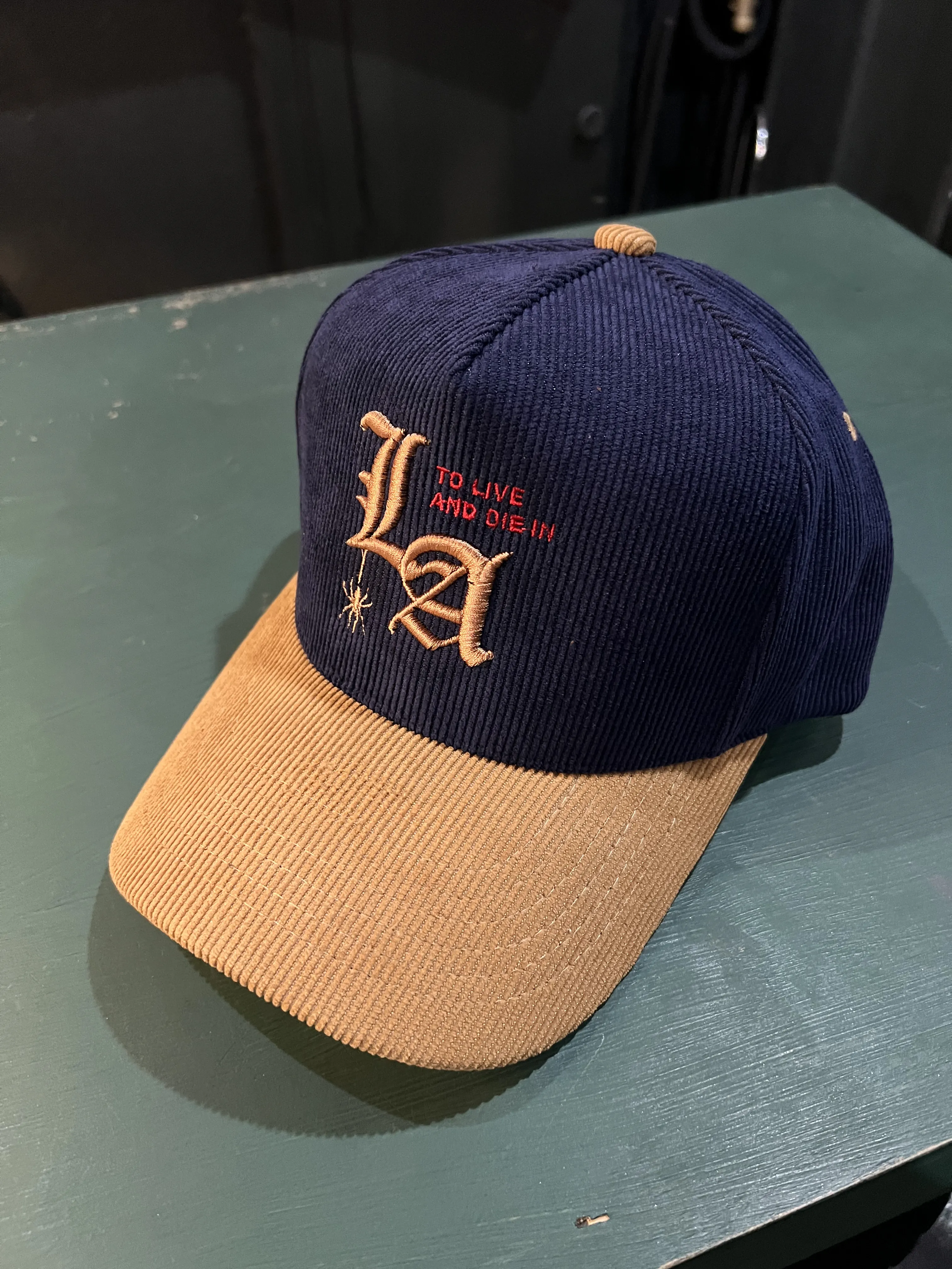 New "To Live and Die in LA"Corduroy Snap Back Cap in Navy/Beige