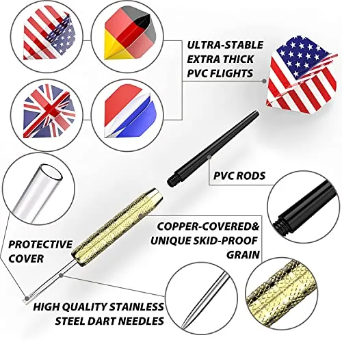 Ohuhu 4 Styles National Flag Flights Stainless Steel Needle Tip Dart with Extra PVC Dart Rods (Multicolour) - 12 Pack