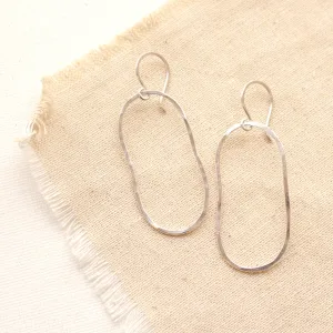 Organic Oval Hammered Hoop Silver Earrings