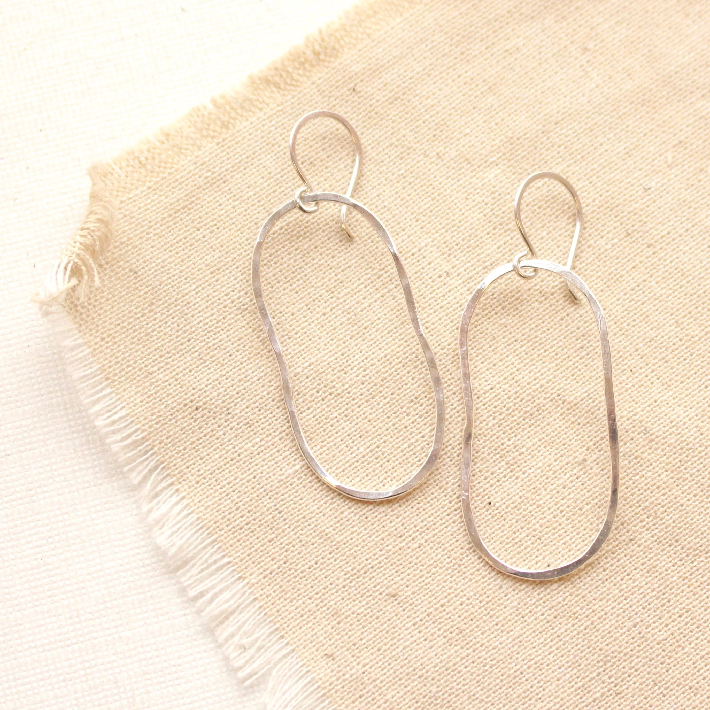 Organic Oval Hammered Hoop Silver Earrings