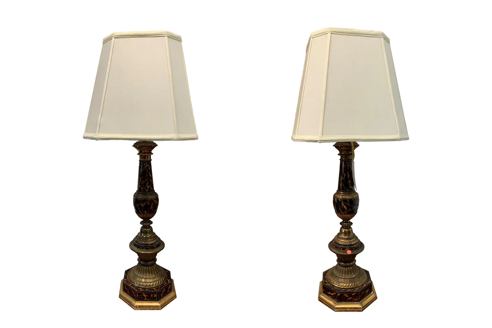 Pair Faux Tortoise & Pewter Inlay Column Lamps