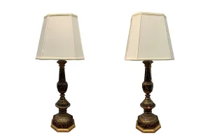 Pair Faux Tortoise & Pewter Inlay Column Lamps