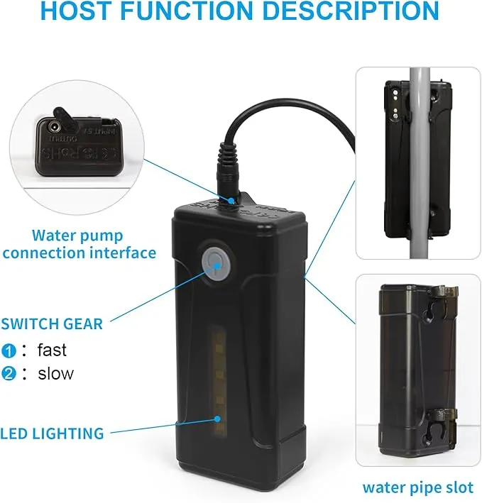 portable outdoor shower, battery driven shower pump, LED lighting, portable shower pump, draws water from a bucket into a stable and gentle shower flow,used for beaches,camping,gardens,hiking,