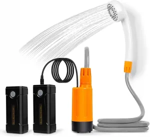 portable outdoor shower, battery driven shower pump, LED lighting, portable shower pump, draws water from a bucket into a stable and gentle shower flow,used for beaches,camping,gardens,hiking,