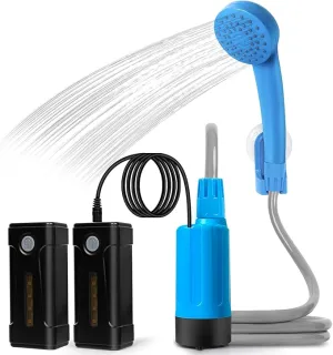 portable outdoor shower, battery driven shower pump, LED lighting, portable shower pump, draws water from a bucket into a stable and gentle shower flow,used for beaches,camping,gardens,hiking,