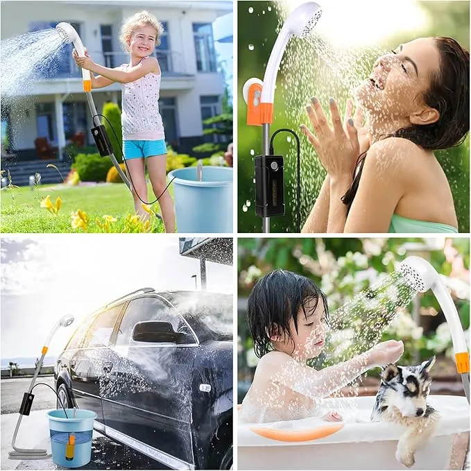 portable outdoor shower, battery driven shower pump, LED lighting, portable shower pump, draws water from a bucket into a stable and gentle shower flow,used for beaches,camping,gardens,hiking,