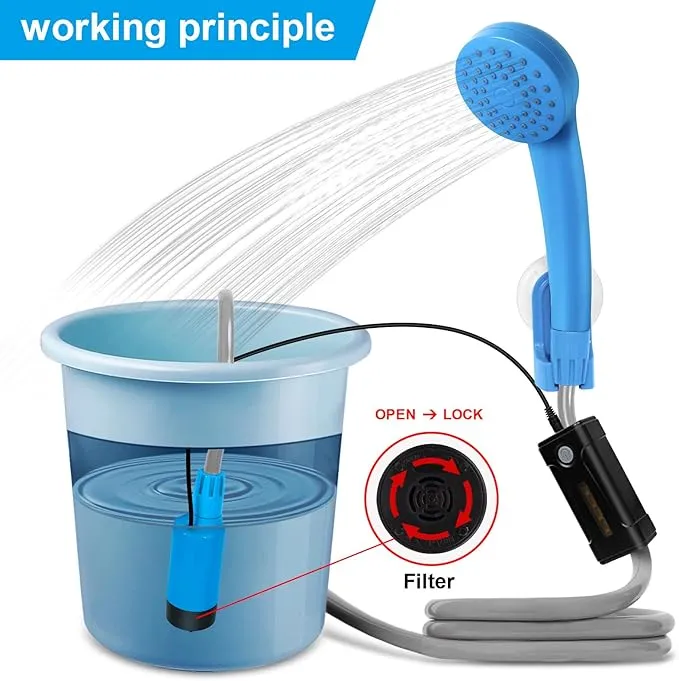 portable outdoor shower, battery driven shower pump, LED lighting, portable shower pump, draws water from a bucket into a stable and gentle shower flow,used for beaches,camping,gardens,hiking,