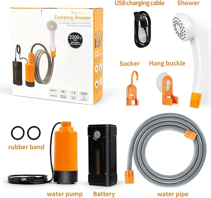 portable outdoor shower, battery driven shower pump, LED lighting, portable shower pump, draws water from a bucket into a stable and gentle shower flow,used for beaches,camping,gardens,hiking,