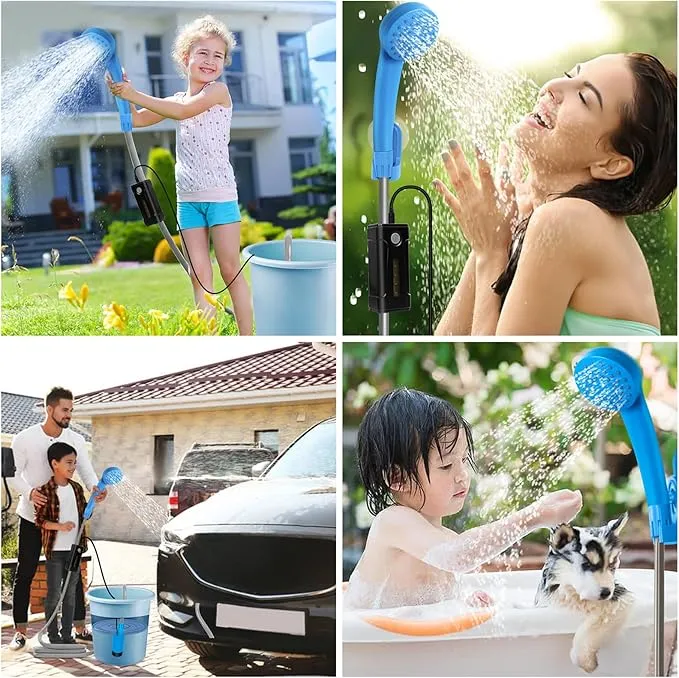 portable outdoor shower, battery driven shower pump, LED lighting, portable shower pump, draws water from a bucket into a stable and gentle shower flow,used for beaches,camping,gardens,hiking,