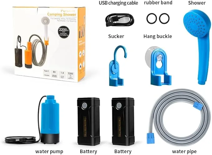 portable outdoor shower, battery driven shower pump, LED lighting, portable shower pump, draws water from a bucket into a stable and gentle shower flow,used for beaches,camping,gardens,hiking,