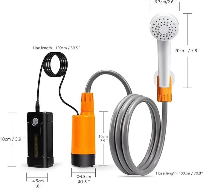 portable outdoor shower, battery driven shower pump, LED lighting, portable shower pump, draws water from a bucket into a stable and gentle shower flow,used for beaches,camping,gardens,hiking,