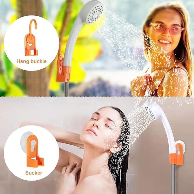 portable outdoor shower, battery driven shower pump, LED lighting, portable shower pump, draws water from a bucket into a stable and gentle shower flow,used for beaches,camping,gardens,hiking,