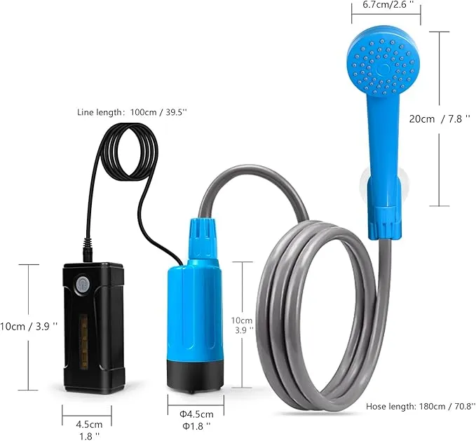 portable outdoor shower, battery driven shower pump, LED lighting, portable shower pump, draws water from a bucket into a stable and gentle shower flow,used for beaches,camping,gardens,hiking,