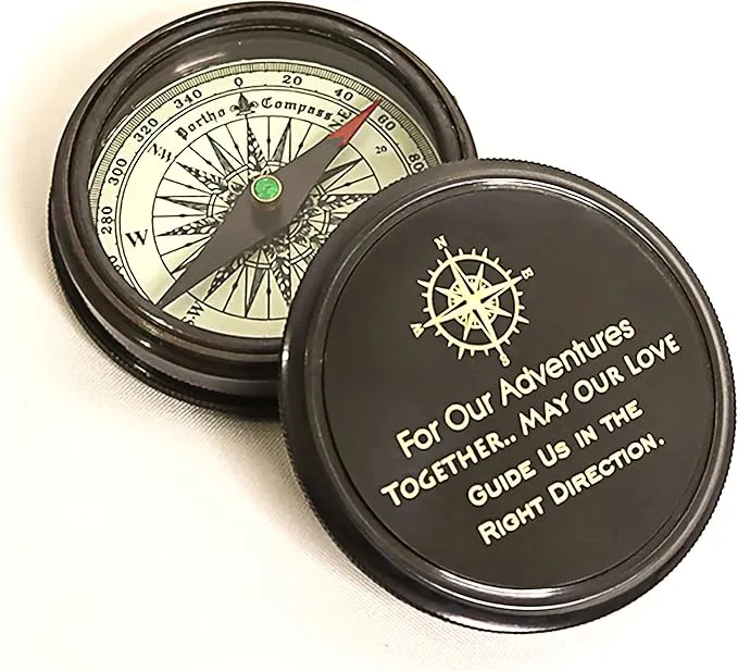 PORTHO Poem Compass| Black Antique Finish| Unique Message Print on top| Inside Poem Engraving by Robert Frost| Strong Leather Case| Unique Gift for Loved ones| Camping, Hiking