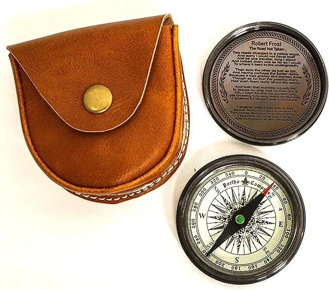 PORTHO Poem Compass| Black Antique Finish| Unique Message Print on top| Inside Poem Engraving by Robert Frost| Strong Leather Case| Unique Gift for Loved ones| Camping, Hiking