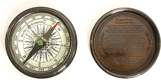 PORTHO Poem Compass| Black Antique Finish| Unique Message Print on top| Inside Poem Engraving by Robert Frost| Strong Leather Case| Unique Gift for Loved ones| Camping, Hiking