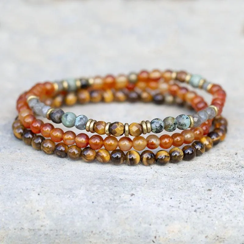 "Vitality and Prosperity" Carnelian and Tigers Eye Delicate Bracelet Stack