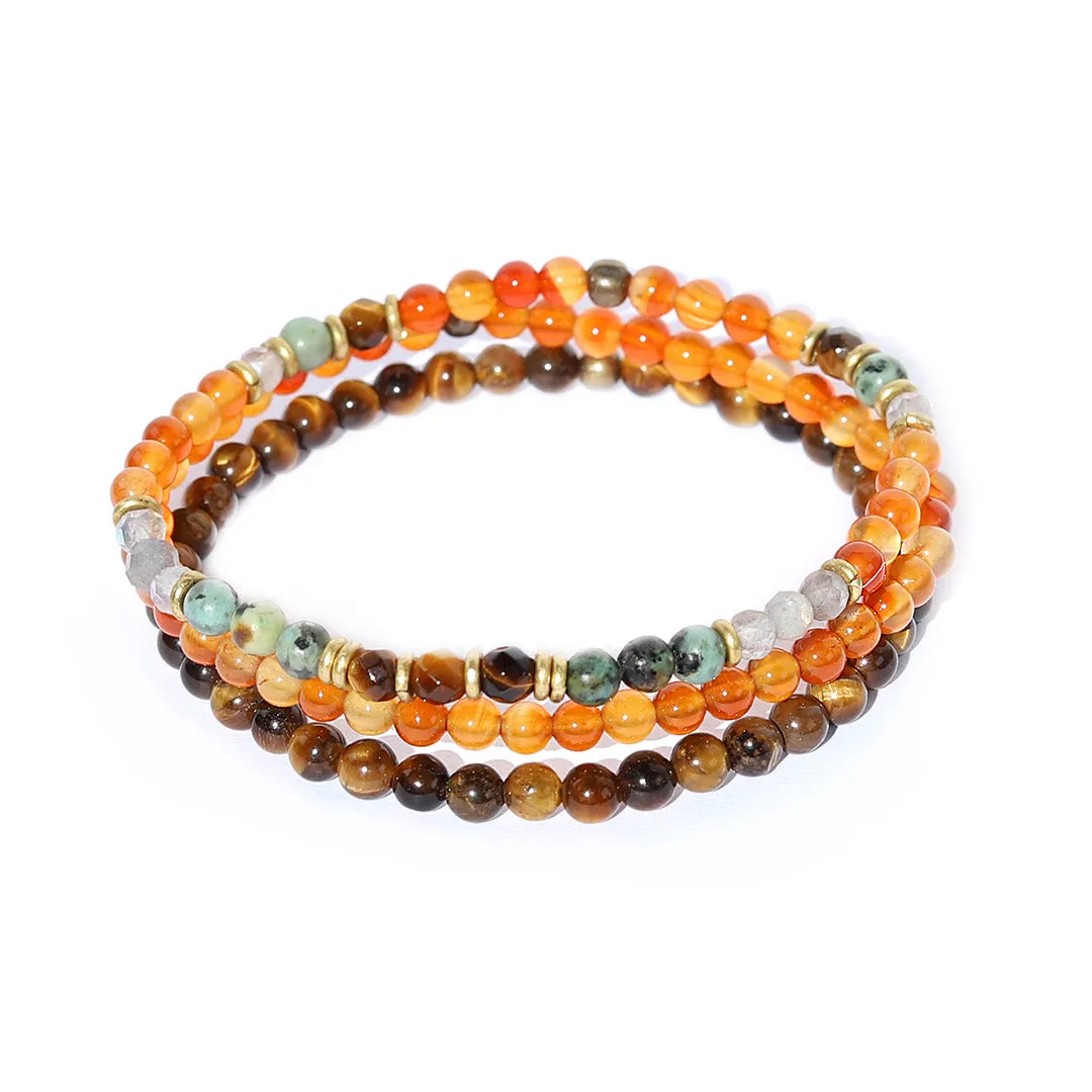 "Vitality and Prosperity" Carnelian and Tigers Eye Delicate Bracelet Stack
