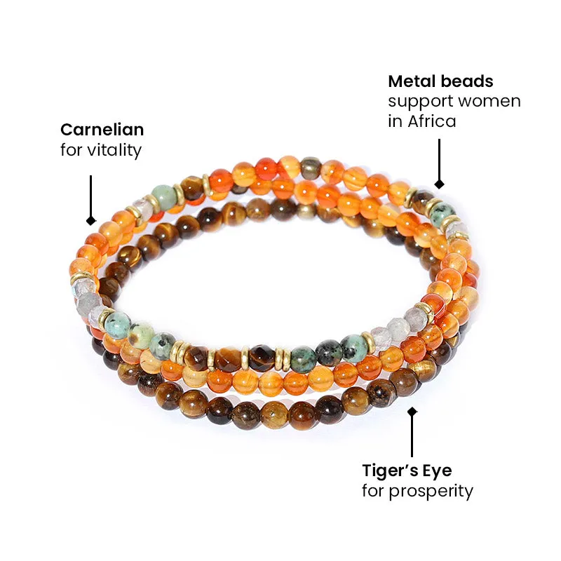 "Vitality and Prosperity" Carnelian and Tigers Eye Delicate Bracelet Stack