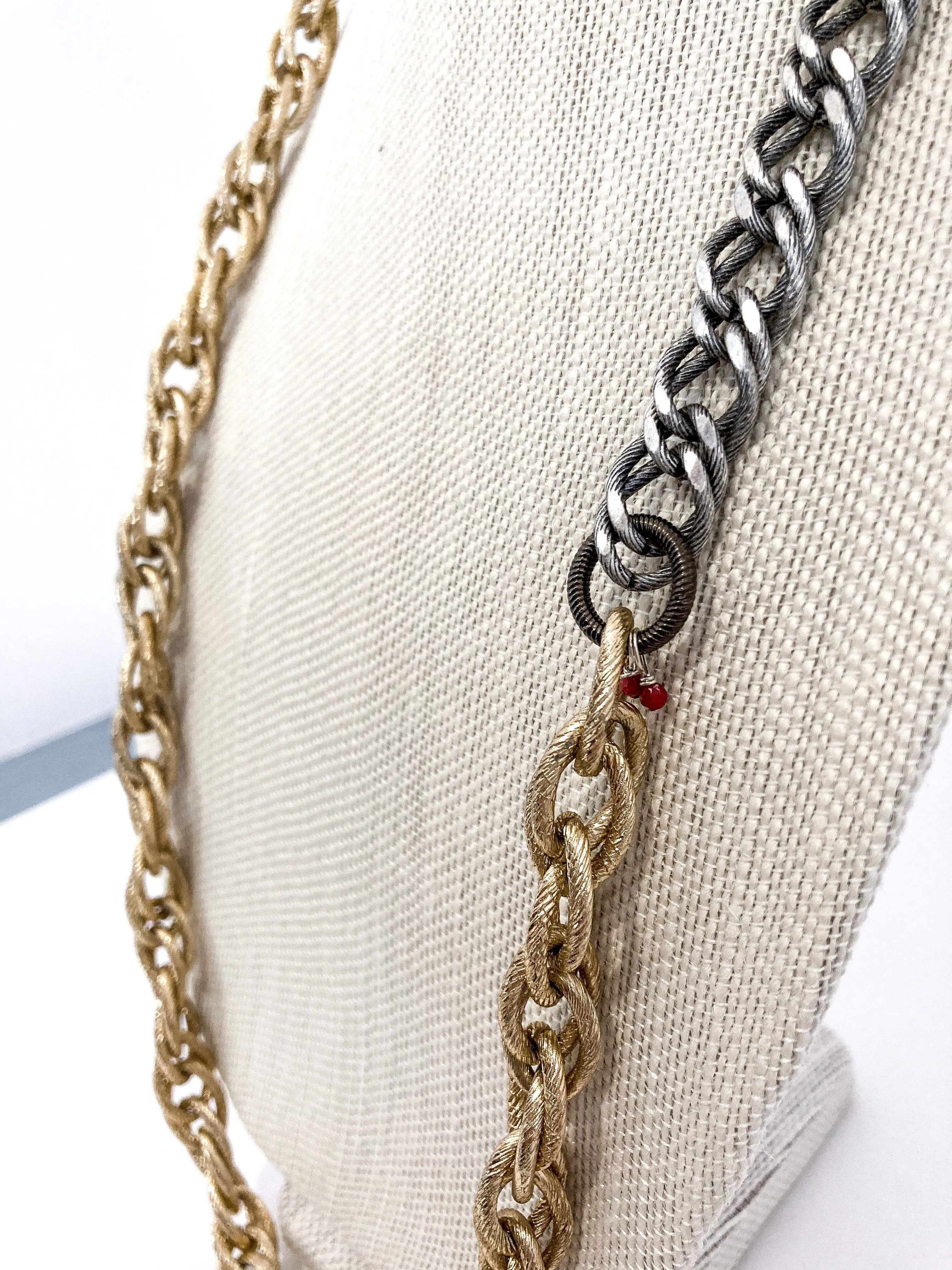 Red i Collection Vintage Repurposed Gold Silver Long Chain Necklace