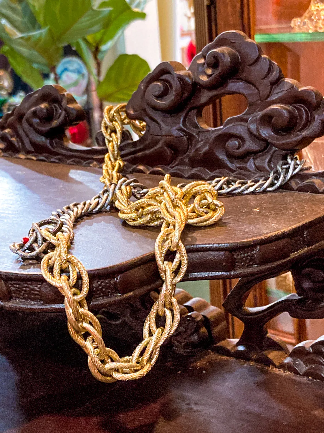 Red i Collection Vintage Repurposed Gold Silver Long Chain Necklace