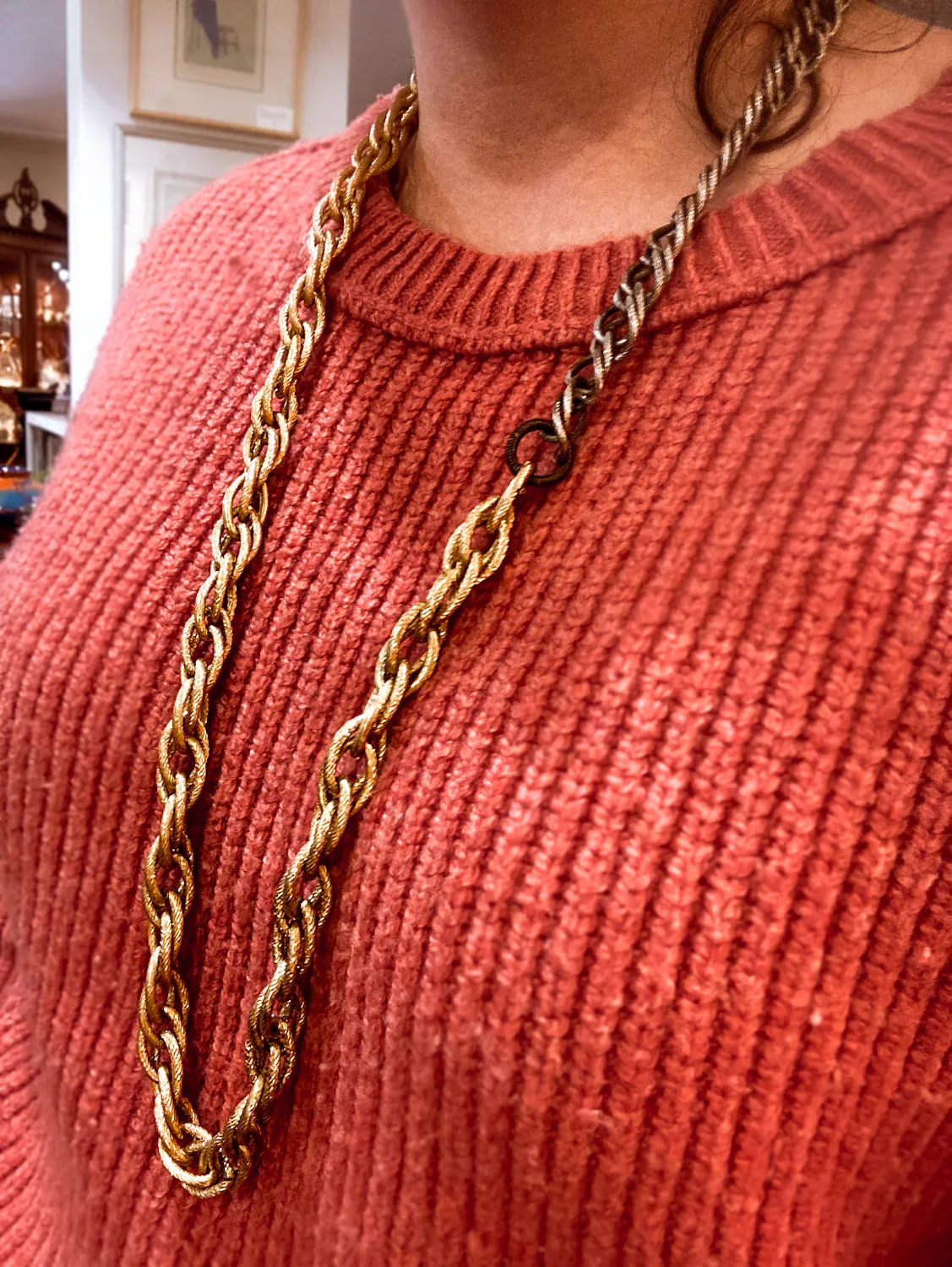 Red i Collection Vintage Repurposed Gold Silver Long Chain Necklace