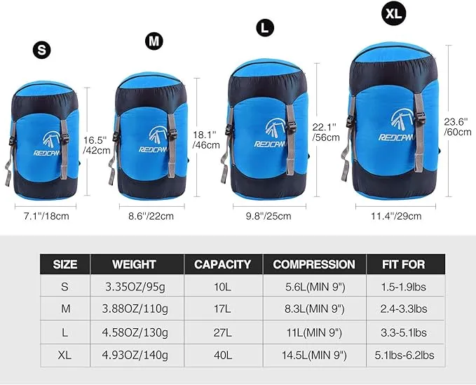REDCAMP Nylon Compression Stuff Sack, 10L/17L/27L/40L Lightweight Sleeping Bag Compression Sack Great for Backpacking, Hiking and Camping,Blue/Yellow/Army Green/Black