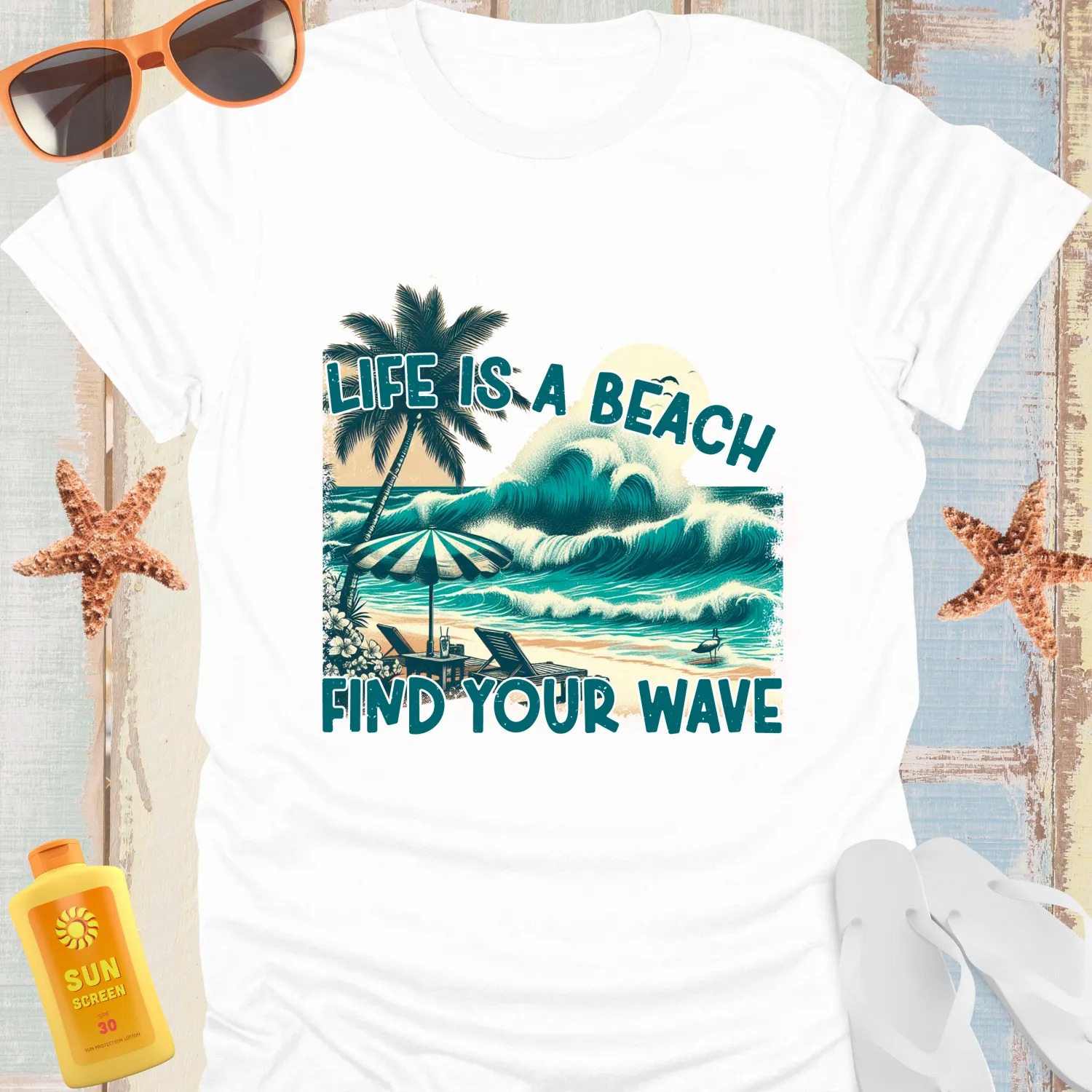 Retro Beach Vibe Tshirt With Wave And Palm Design