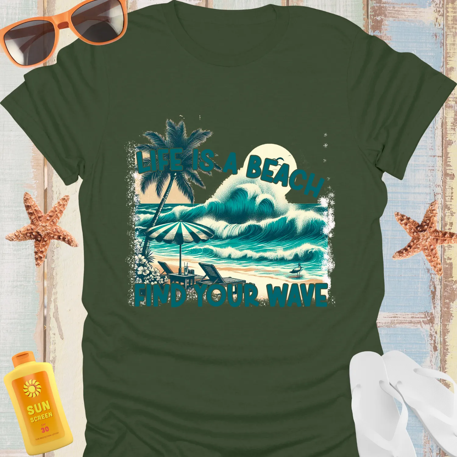Retro Beach Vibe Tshirt With Wave And Palm Design
