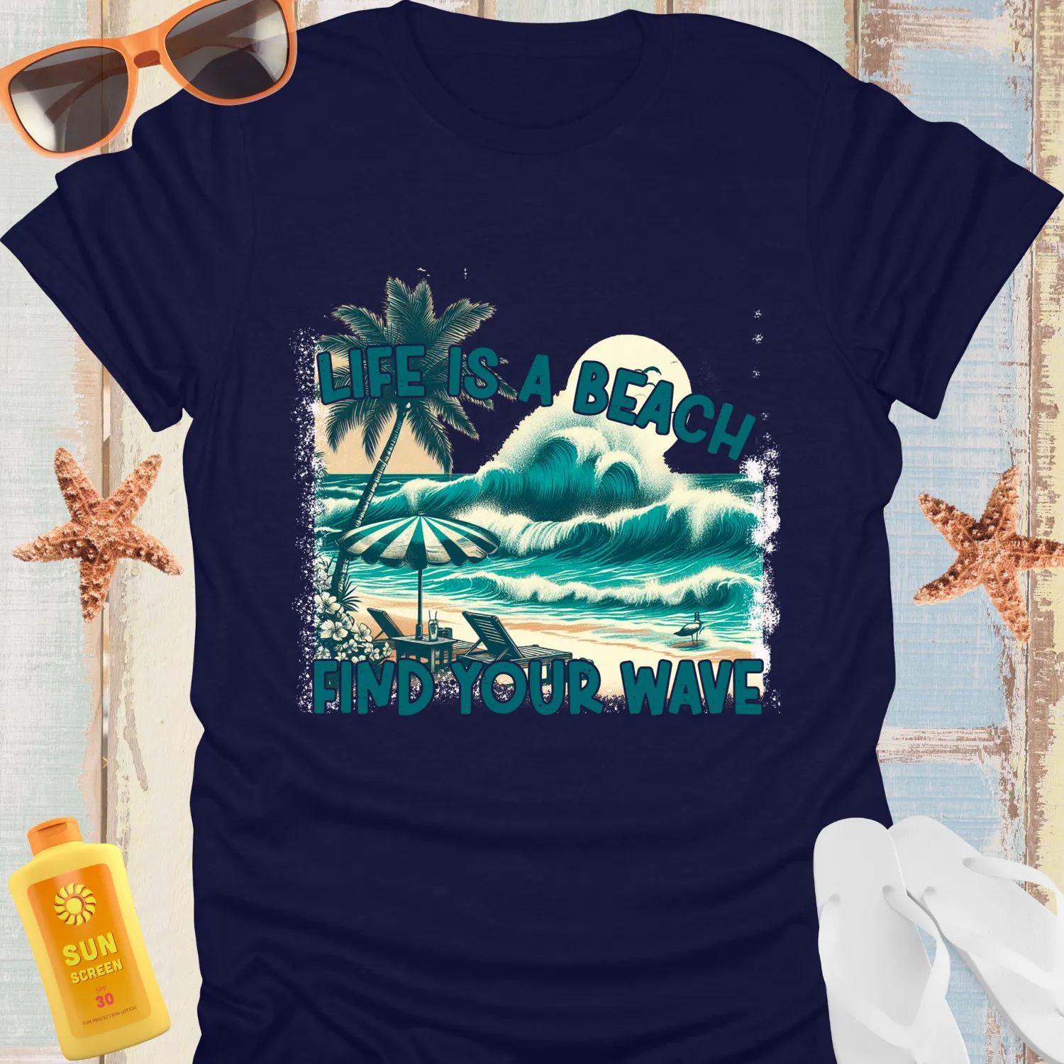 Retro Beach Vibe Tshirt With Wave And Palm Design