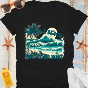 Retro Beach Vibe Tshirt With Wave And Palm Design