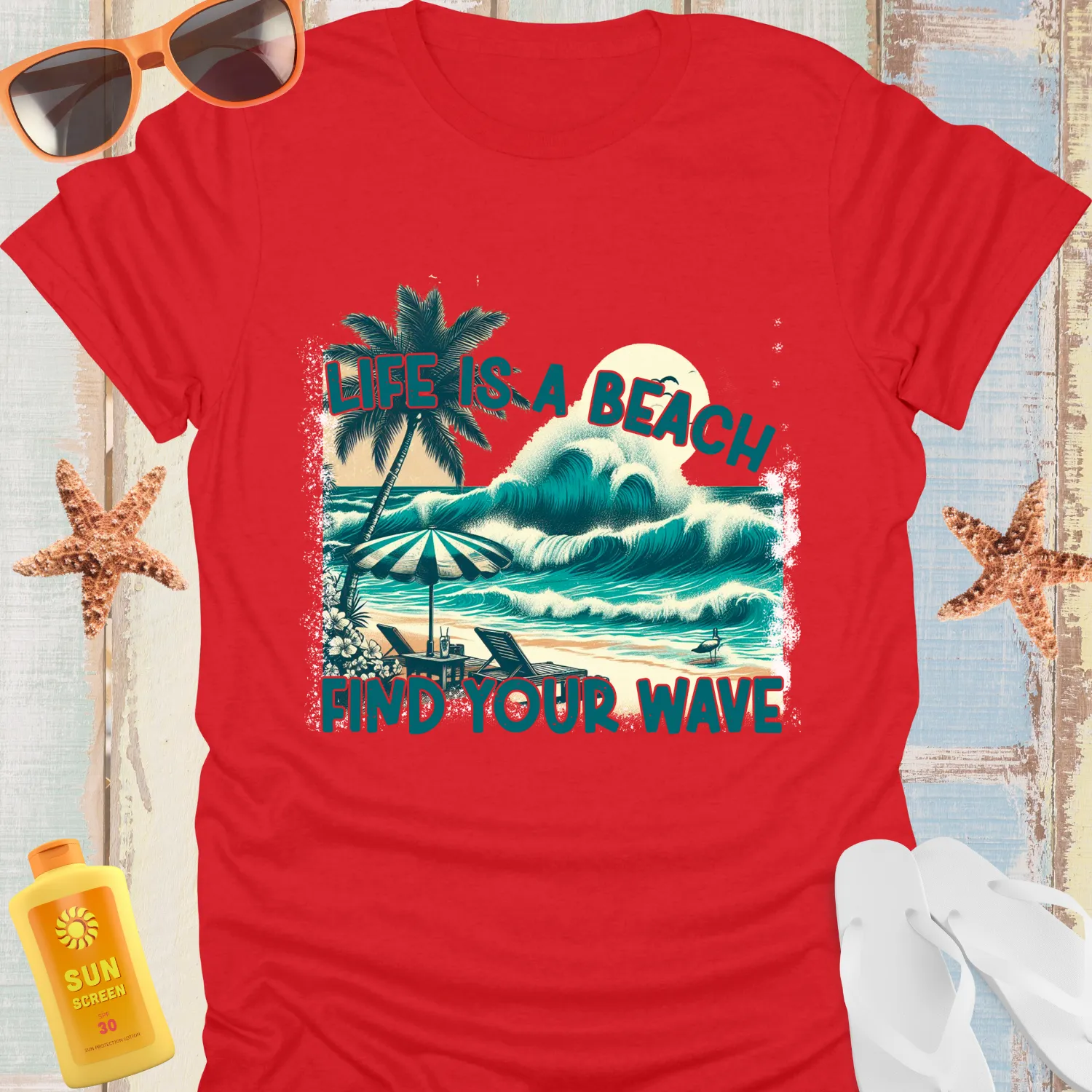 Retro Beach Vibe Tshirt With Wave And Palm Design