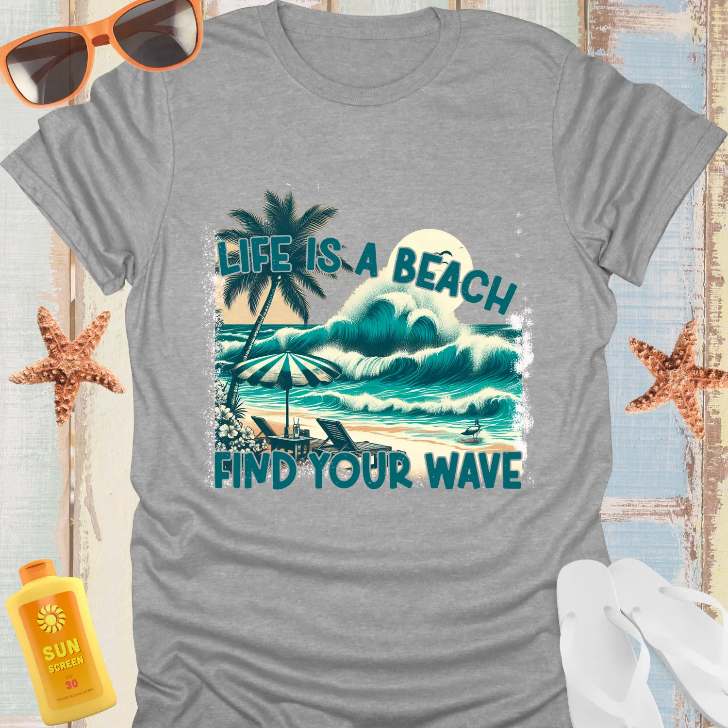 Retro Beach Vibe Tshirt With Wave And Palm Design